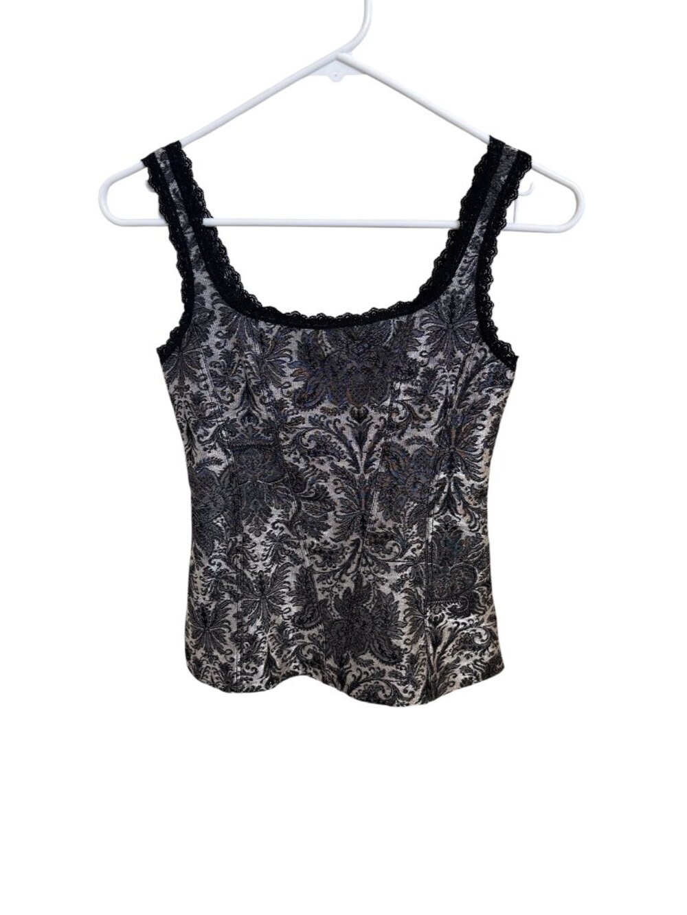White House Black Market black and gray textured cami tank top lace trim